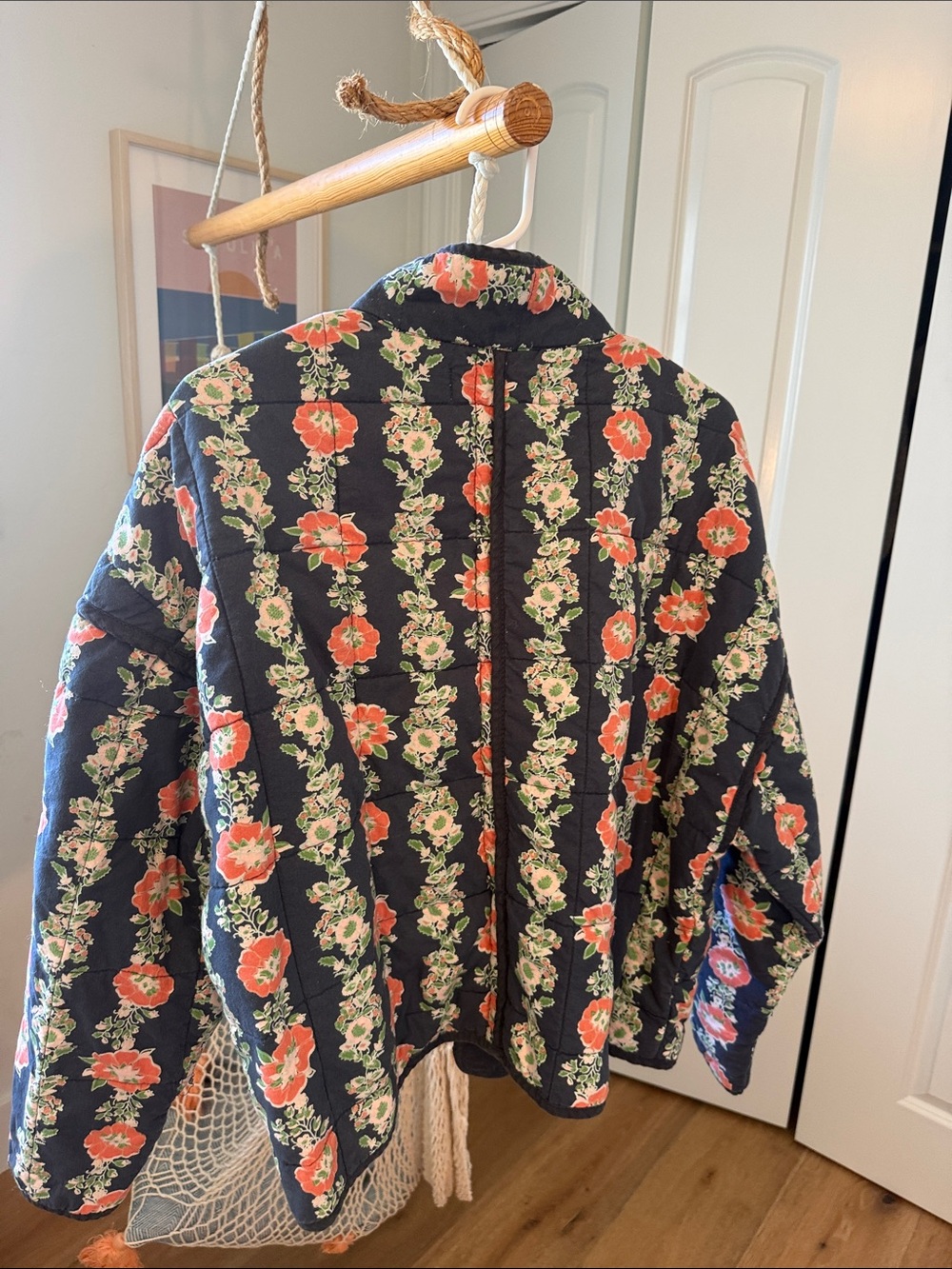 Free People Black Quilted Jacket with Coral & Cream Floral Print - Picture 7 of 10